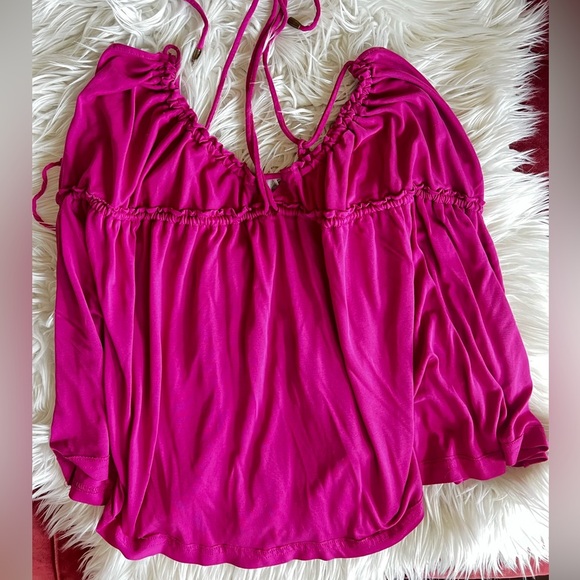 Free People Ruched Magenta Halter Top – Size M, Soft Jersey Knit Boho Cami - Picture 8 of 14